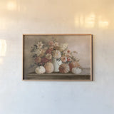 Harvest Bouquet Pomegranate by Julia Purinton. shown as a paper print in a natural frame. Available as a archival giclee rolled canvas, fine art paper, or poster print. SKU 84965i.