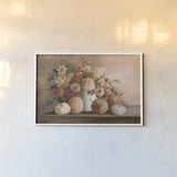 Harvest Bouquet Pomegranate by Julia Purinton. shown as a paper print in a white frame. Available as a archival giclee rolled canvas, fine art paper, or poster print. SKU 84965i.