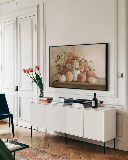 Harvest Bouquet Pomegranate Light by Julia Purinton. shown as a framed stretched canvas in a living room above a console. Available as a archival giclee rolled canvas, fine art paper, or poster print. SKU 90488i.