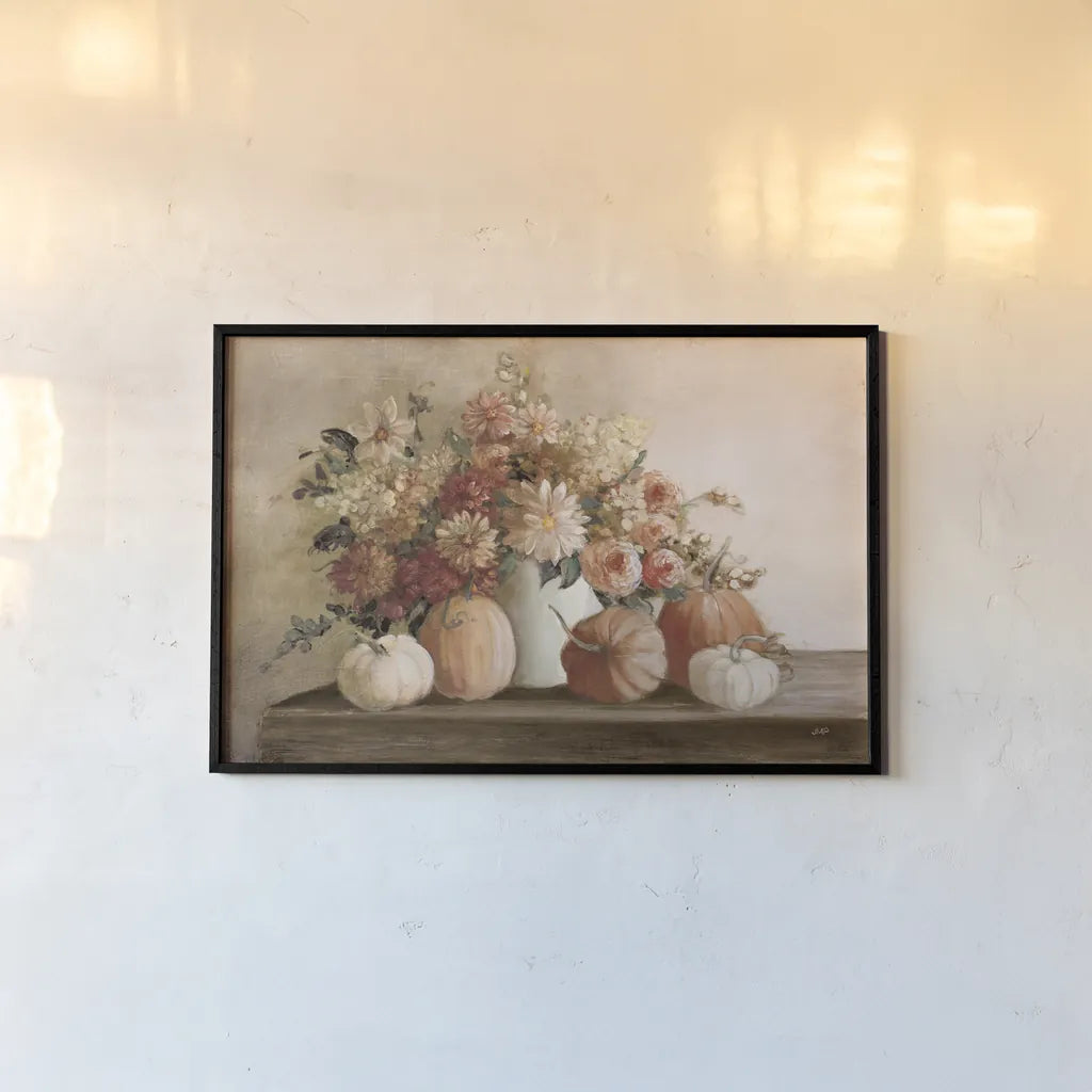 Harvest Bouquet Pomegranate Light by Julia Purinton. shown as a paper print in a black flame. Available as a archival giclee rolled canvas, fine art paper, or poster print. SKU 90488i.