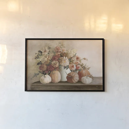 Harvest Bouquet Pomegranate Light by Julia Purinton. shown as a paper print in a black flame. Available as a archival giclee rolled canvas, fine art paper, or poster print. SKU 90488i.