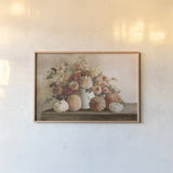 Harvest Bouquet Pomegranate Light by Julia Purinton. shown as a paper print in a natural frame. Available as a archival giclee rolled canvas, fine art paper, or poster print. SKU 90488i.