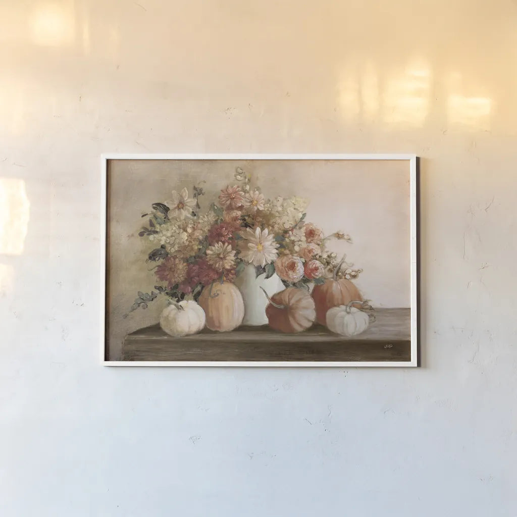 Harvest Bouquet Pomegranate Light by Julia Purinton. shown as a paper print in a white frame. Available as a archival giclee rolled canvas, fine art paper, or poster print. SKU 90488i.