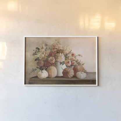 Harvest Bouquet Pomegranate Light by Julia Purinton. shown as a paper print in a white frame. Available as a archival giclee rolled canvas, fine art paper, or poster print. SKU 90488i.