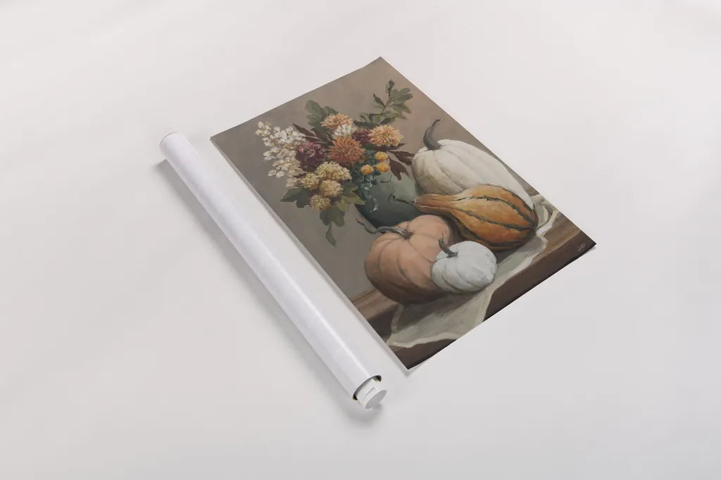 Harvest Still Life I by Julia Purinton. shown as a rolled paper print. Available as archival giclee rolled canvas, fine art paper, or poster print. SKU 102413h.