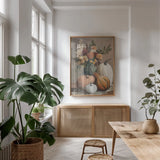 Harvest Still Life I by Julia Purinton. shown as a print in a natural wood frame in a dining room. Available as a archival giclee rolled canvas, fine art paper, or poster print. SKU 102413h.