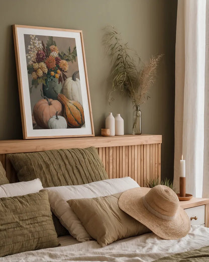 Harvest Still Life I by Julia Purinton. shown as a paper print in a natural frame. Available as a archival giclee rolled canvas, fine art paper, or poster print. SKU 102413h.