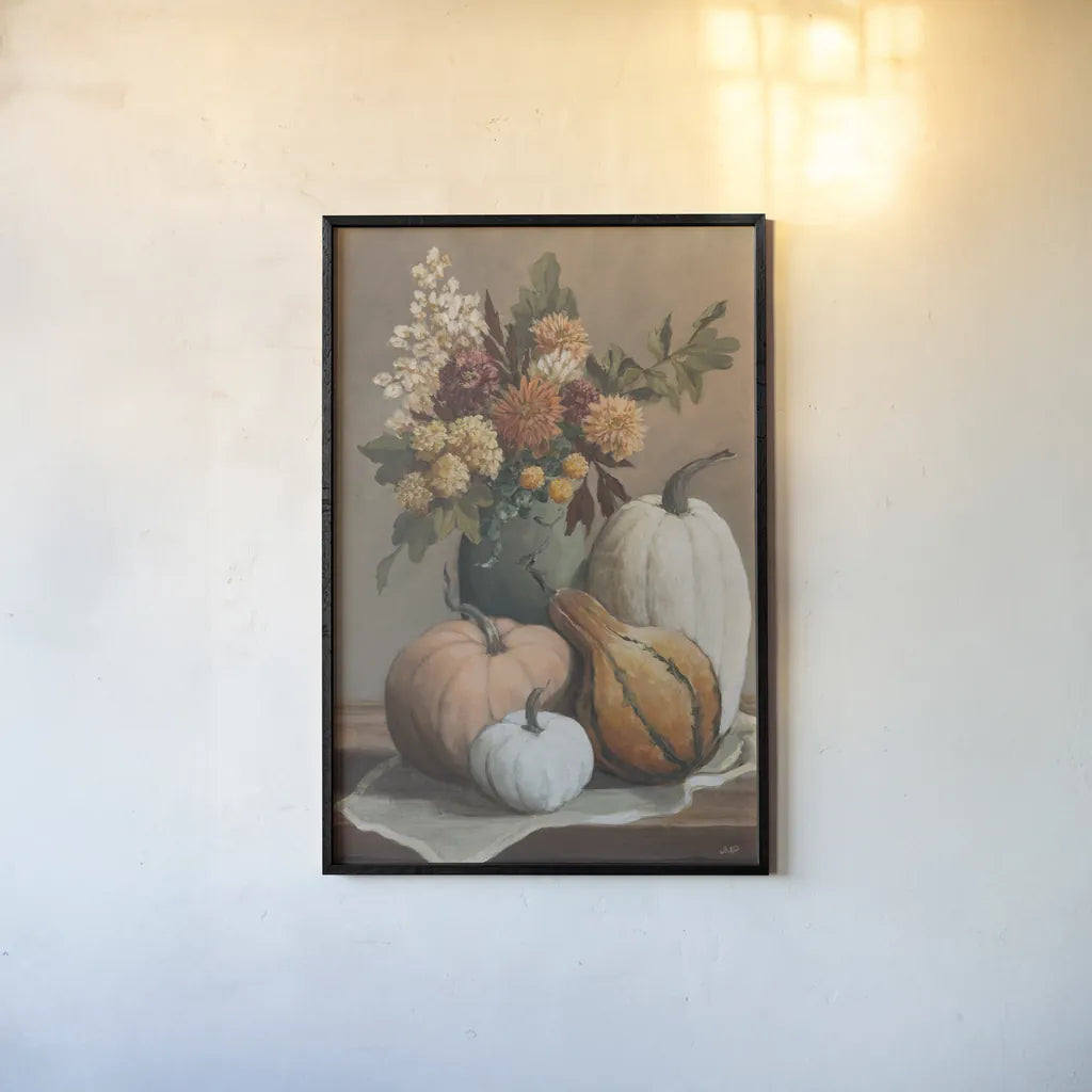 Harvest Still Life I by Julia Purinton. shown as a paper print in a black flame. Available as a archival giclee rolled canvas, fine art paper, or poster print. SKU 102413h.