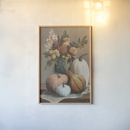Harvest Still Life I by Julia Purinton. shown as a paper print in a natural frame. Available as a archival giclee rolled canvas, fine art paper, or poster print. SKU 102413h.