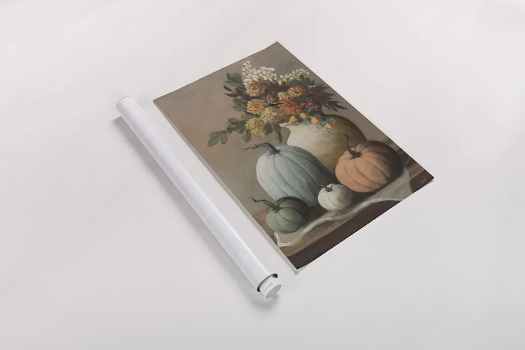 Harvest Still Life II by Julia Purinton. shown as a rolled paper print. Available as archival giclee rolled canvas, fine art paper, or poster print. SKU 102414h.