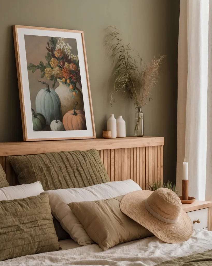 Harvest Still Life II by Julia Purinton. shown as a paper print in a natural frame. Available as a archival giclee rolled canvas, fine art paper, or poster print. SKU 102414h.