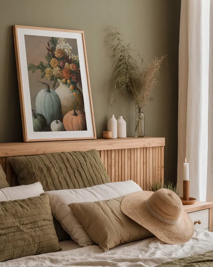 Harvest Still Life II by Julia Purinton. shown as a paper print in a natural frame. Available as a archival giclee rolled canvas, fine art paper, or poster print. SKU 102414h.