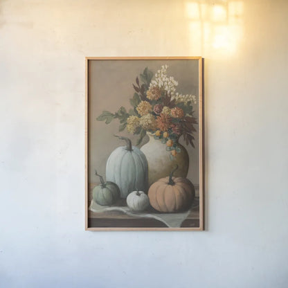 Harvest Still Life II by Julia Purinton. shown as a paper print in a natural frame. Available as a archival giclee rolled canvas, fine art paper, or poster print. SKU 102414h.