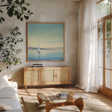 Heading Home by Julia Purinton. Shown in a natural wood frame in a cozy modern living room. Available as an archival giclee rolled canvas, fine art paper, or poster print. SKU 17798a.