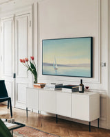 Heading Home Crop by Julia Purinton. shown as a framed stretched canvas in a living room above a console. Available as a archival giclee rolled canvas, fine art paper, or poster print. SKU 17798i.