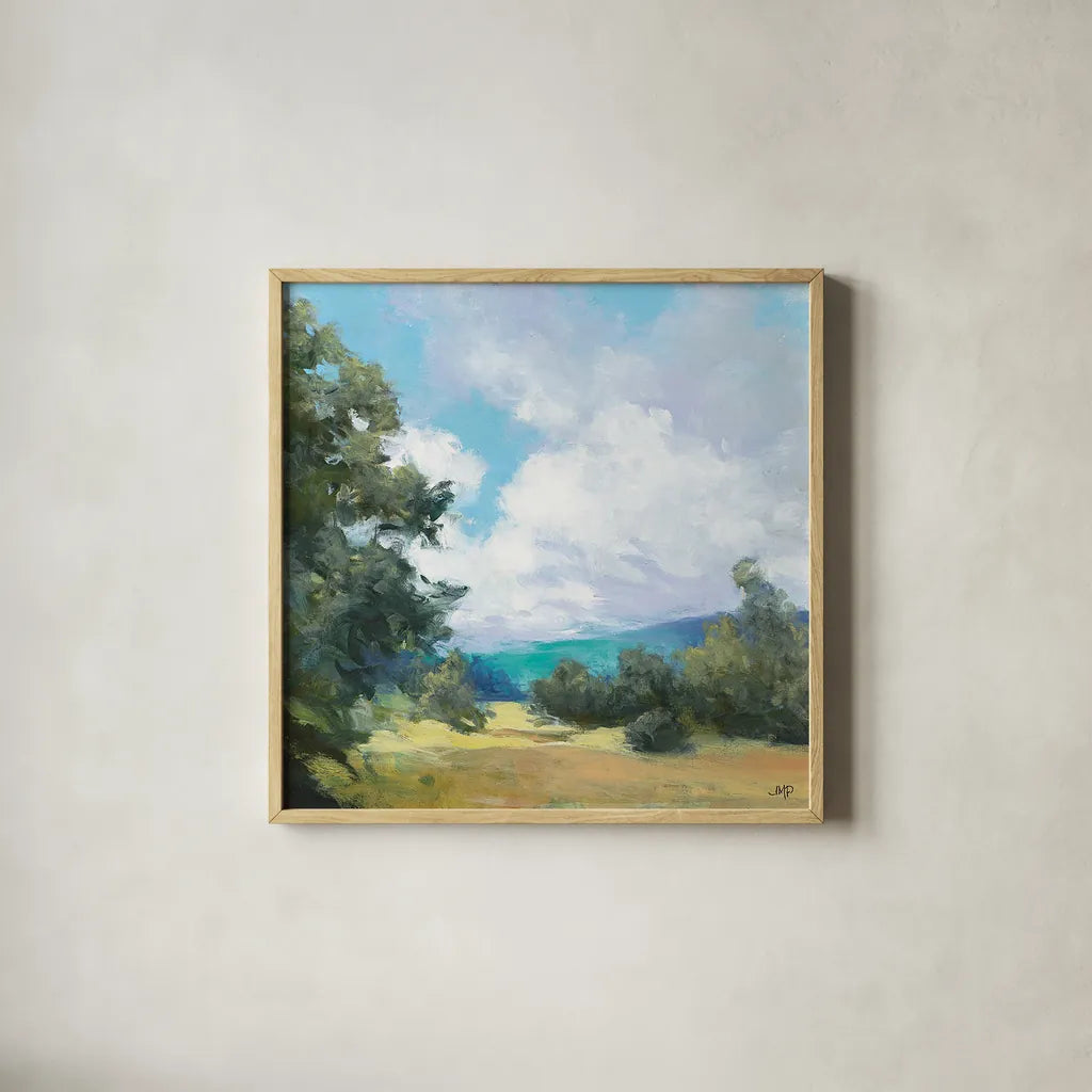 Hedgerow I by Julia Purinton. Shown in a natural wood glass frame for a timeless modern aesthetic. Available as an archival giclee rolled canvas, fine art paper, or poster print. SKU 12566a.