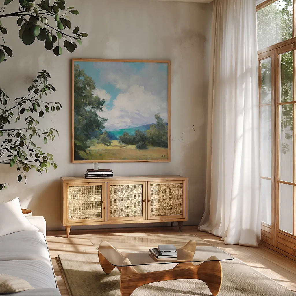 Hedgerow I by Julia Purinton. Shown in a natural wood frame in a cozy modern living room. Available as an archival giclee rolled canvas, fine art paper, or poster print. SKU 12566a.