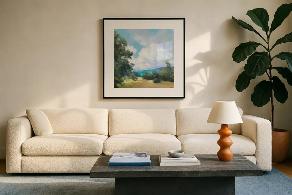 Hedgerow I by Julia Purinton. Displayed in a glass frame with matte in a clean modern living room. Available as an archival giclee rolled canvas, fine art paper, or poster print. SKU 12566a.