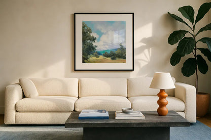 Hedgerow I by Julia Purinton. Displayed in a glass frame with matte in a clean modern living room. Available as an archival giclee rolled canvas, fine art paper, or poster print. SKU 12566a.