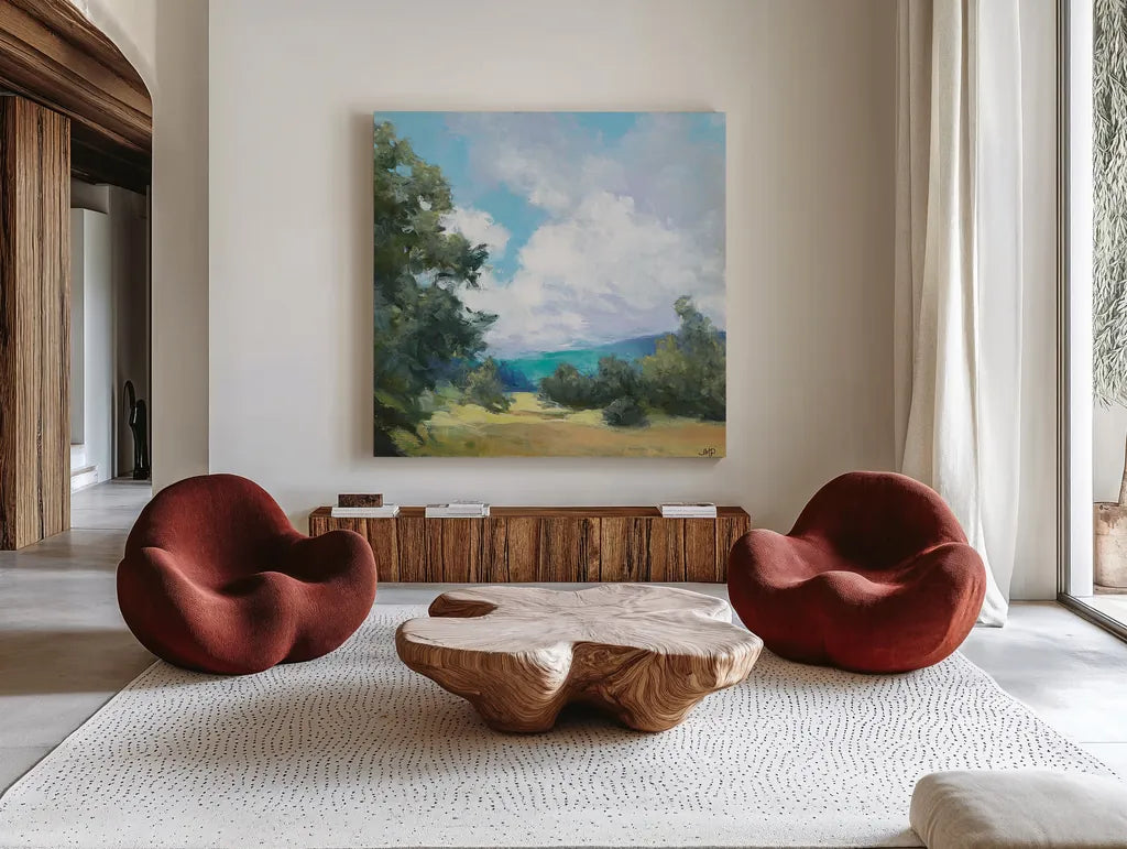 Hedgerow I by Julia Purinton. Shown as extra-large giant wall art in a modern living room. Available as an archival giclee rolled canvas, fine art paper, or poster print. SKU 12566a.