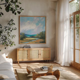 Hedgerow II by Julia Purinton. Shown in a natural wood frame in a cozy modern living room. Available as an archival giclee rolled canvas, fine art paper, or poster print. SKU 12567a.
