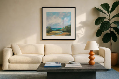 Hedgerow II by Julia Purinton. Displayed in a glass frame with matte in a clean modern living room. Available as an archival giclee rolled canvas, fine art paper, or poster print. SKU 12567a.
