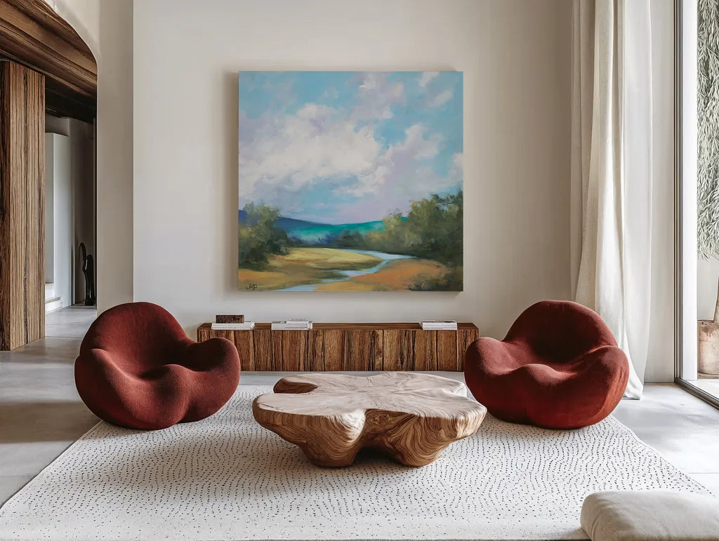 Hedgerow II by Julia Purinton. Shown as extra-large giant wall art in a modern living room. Available as an archival giclee rolled canvas, fine art paper, or poster print. SKU 12567a.