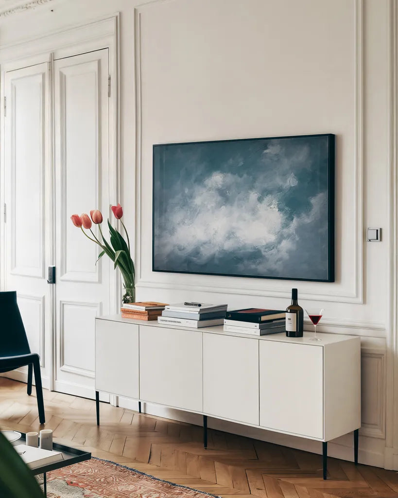 Hedgerow II Clouds by Julia Purinton. shown as a framed stretched canvas in a living room above a console. Available as a archival giclee rolled canvas, fine art paper, or poster print. SKU 61005i.