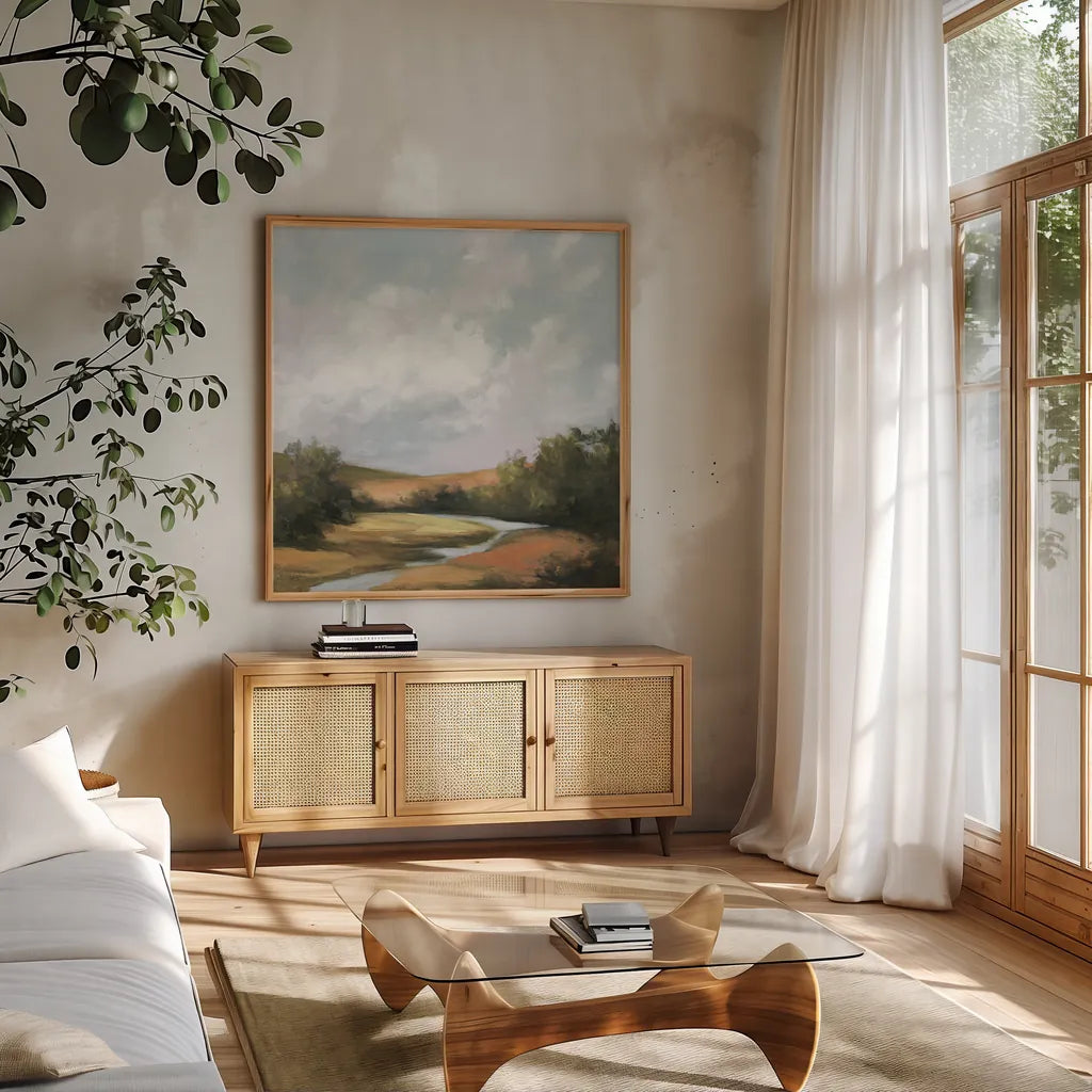 Hedgerow II Spice by Julia Purinton. Shown in a natural wood frame in a cozy modern living room. Available as an archival giclee rolled canvas, fine art paper, or poster print. SKU 68086a.