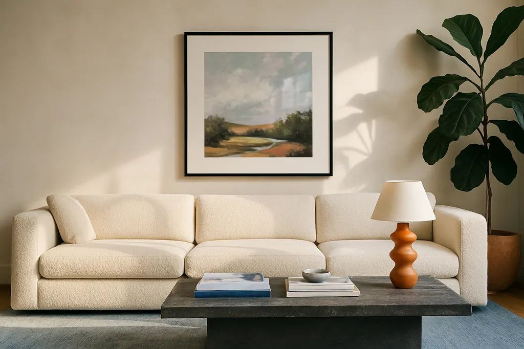 Hedgerow II Spice by Julia Purinton. Displayed in a glass frame with matte in a clean modern living room. Available as an archival giclee rolled canvas, fine art paper, or poster print. SKU 68086a.