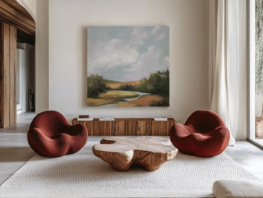 Hedgerow II Spice by Julia Purinton. Shown as extra-large giant wall art in a modern living room. Available as an archival giclee rolled canvas, fine art paper, or poster print. SKU 68086a.