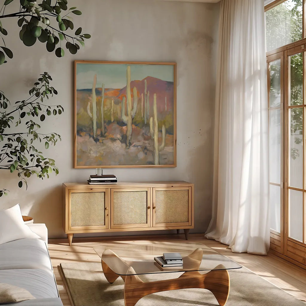 High Desert I by Julia Purinton. Shown in a natural wood frame in a cozy modern living room. Available as an archival giclee rolled canvas, fine art paper, or poster print. SKU 70529a.