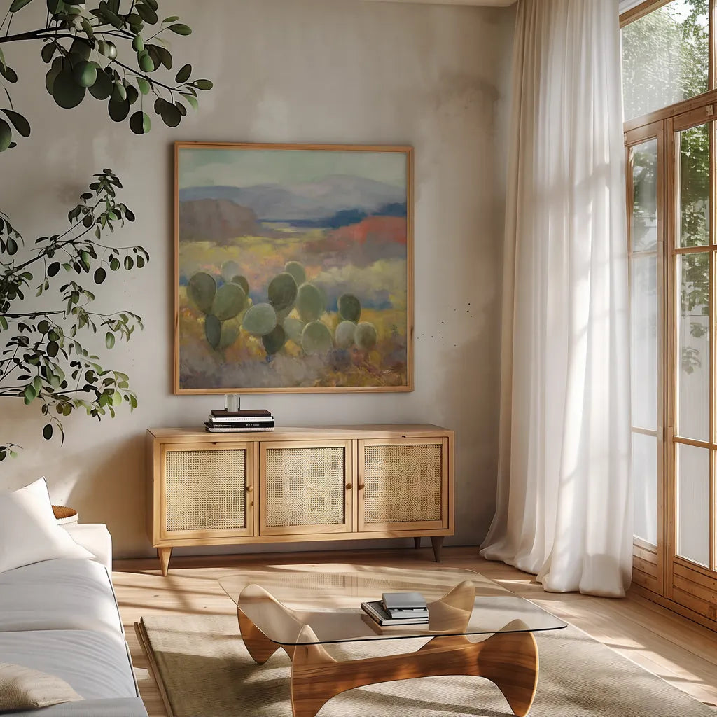 High Desert II by Julia Purinton. Shown in a natural wood frame in a cozy modern living room. Available as an archival giclee rolled canvas, fine art paper, or poster print. SKU 70530a.