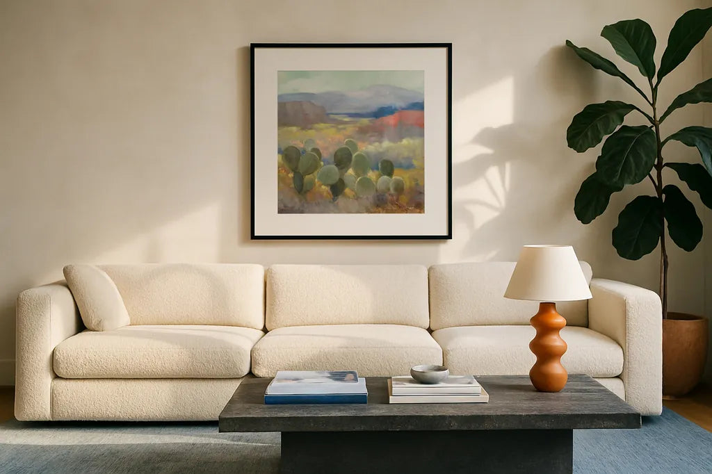 High Desert II by Julia Purinton. Displayed in a glass frame with matte in a clean modern living room. Available as an archival giclee rolled canvas, fine art paper, or poster print. SKU 70530a.