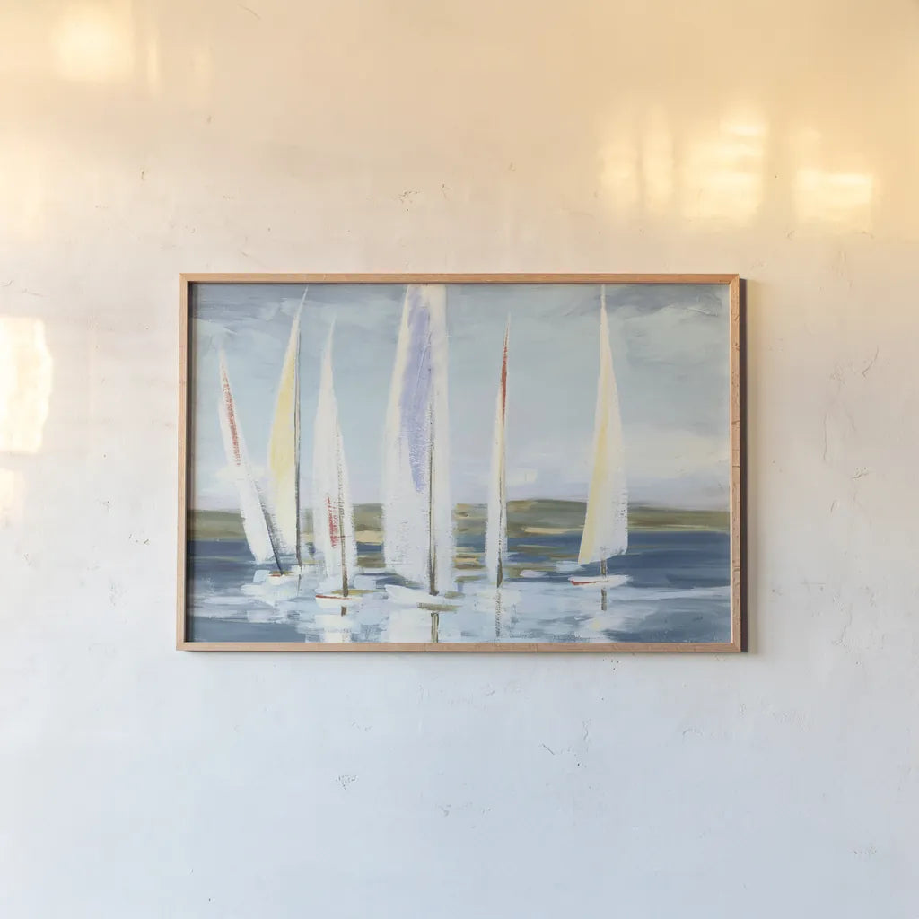 Horizon Blue by Julia Purinton. shown as a paper print in a natural frame. Available as a archival giclee rolled canvas, fine art paper, or poster print. SKU 50177i.