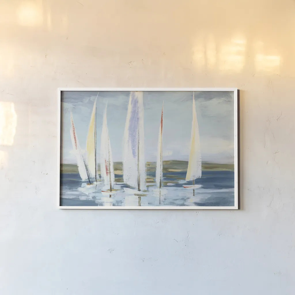 Horizon Blue by Julia Purinton. shown as a paper print in a white frame. Available as a archival giclee rolled canvas, fine art paper, or poster print. SKU 50177i.