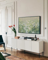 Hydrangea Lane Crop by Julia Purinton. shown as a framed stretched canvas in a living room above a console. Available as a archival giclee rolled canvas, fine art paper, or poster print. SKU 39363i.