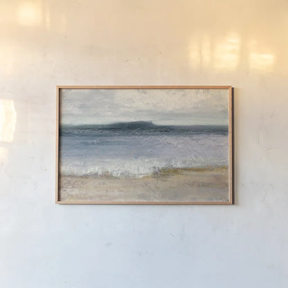 Indigo Isle by Julia Purinton. shown as a paper print in a natural frame. Available as a archival giclee rolled canvas, fine art paper, or poster print. SKU 30288i.