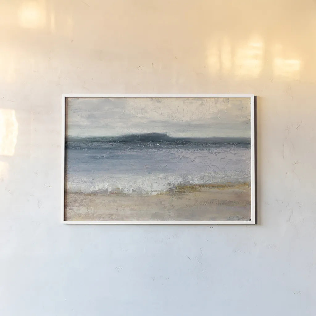 Indigo Isle by Julia Purinton. shown as a paper print in a white frame. Available as a archival giclee rolled canvas, fine art paper, or poster print. SKU 30288i.