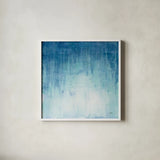 Into the Blue I by Julia Purinton. Shown in a crisp white glass frame for a clean and minimalist style. Available as an archival giclee rolled canvas, fine art paper, or poster print. SKU 73766a.