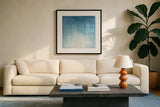 Into the Blue II by Julia Purinton. Displayed in a glass frame with matte in a clean modern living room. Available as an archival giclee rolled canvas, fine art paper, or poster print. SKU 73767a.