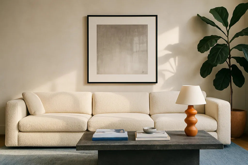 Into the Blue II Neutral by Julia Purinton. Displayed in a glass frame with matte in a clean modern living room. Available as an archival giclee rolled canvas, fine art paper, or poster print. SKU 81060a.