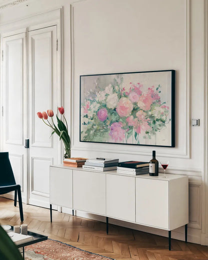 June Abundance I by Julia Purinton. shown as a framed stretched canvas in a living room above a console. Available as a archival giclee rolled canvas, fine art paper, or poster print. SKU 43033i.
