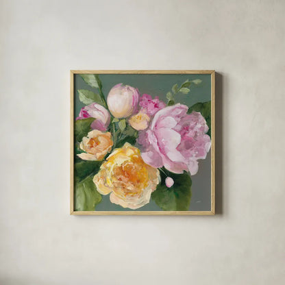June Bouquet by Julia Purinton. Shown in a natural wood glass frame for a timeless modern aesthetic. Available as an archival giclee rolled canvas, fine art paper, or poster print. SKU 65157a.