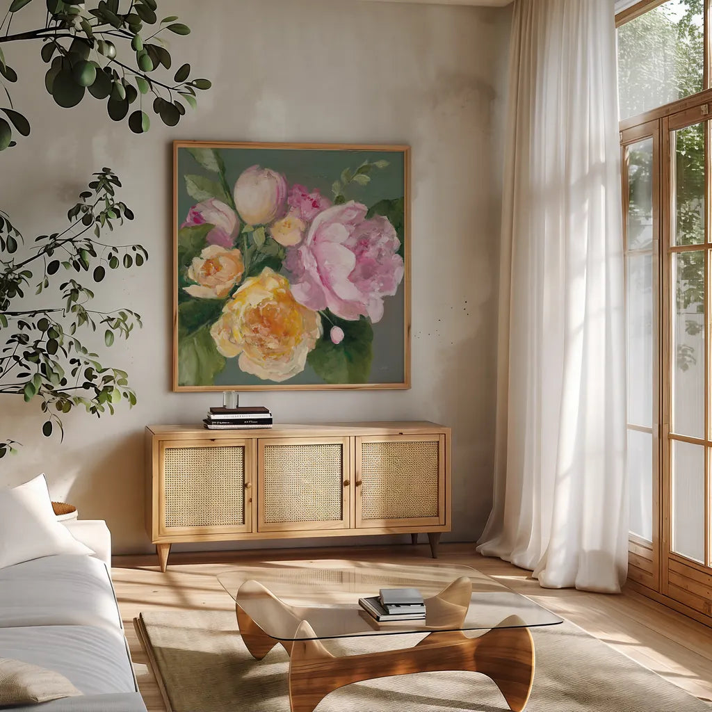 June Bouquet by Julia Purinton. Shown in a natural wood frame in a cozy modern living room. Available as an archival giclee rolled canvas, fine art paper, or poster print. SKU 65157a.