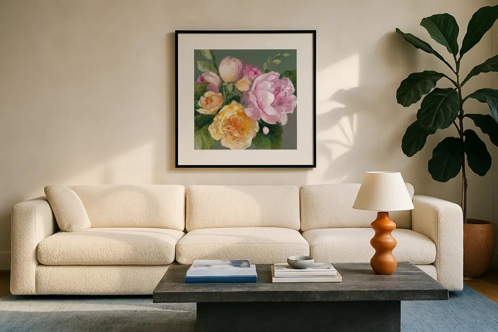June Bouquet by Julia Purinton. Displayed in a glass frame with matte in a clean modern living room. Available as an archival giclee rolled canvas, fine art paper, or poster print. SKU 65157a.