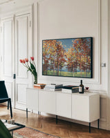 Kaleidoscope by Julia Purinton. shown as a framed stretched canvas in a living room above a console. Available as a archival giclee rolled canvas, fine art paper, or poster print. SKU 12500i.