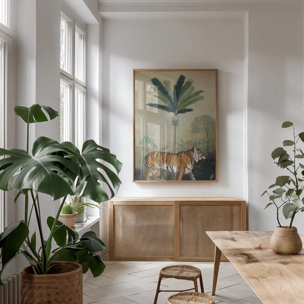 King of the Jungle I by Julia Purinton. shown as a print in a natural wood frame in a dining room. Available as a archival giclee rolled canvas, fine art paper, or poster print. SKU 88729h.