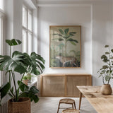 King of the Jungle II by Julia Purinton. shown as a print in a natural wood frame in a dining room. Available as a archival giclee rolled canvas, fine art paper, or poster print. SKU 88730h.