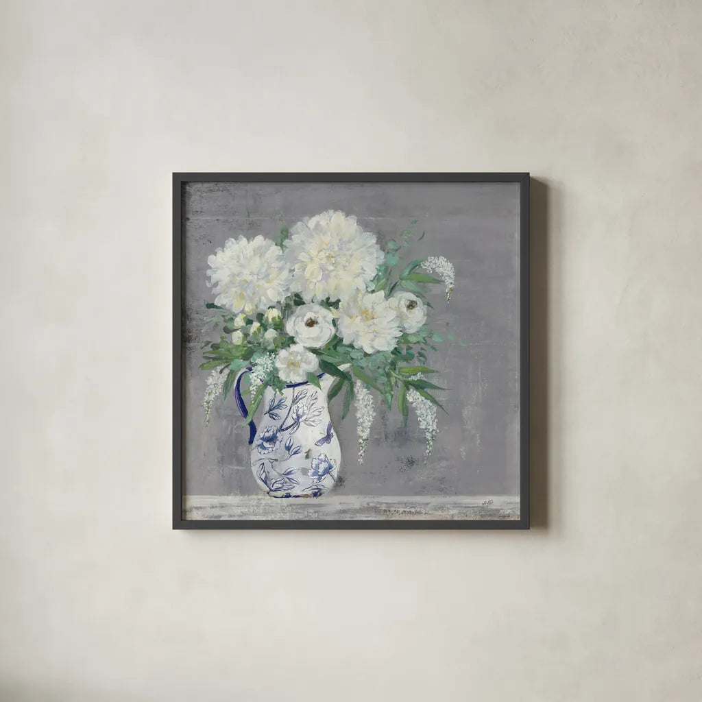 Lake Summer Bouquet I Chinoiserie by Julia Purinton. Shown in a sleek black glass frame for a contemporary gallery look. Available as an archival giclee rolled canvas, fine art paper, or poster print. SKU 68676a.